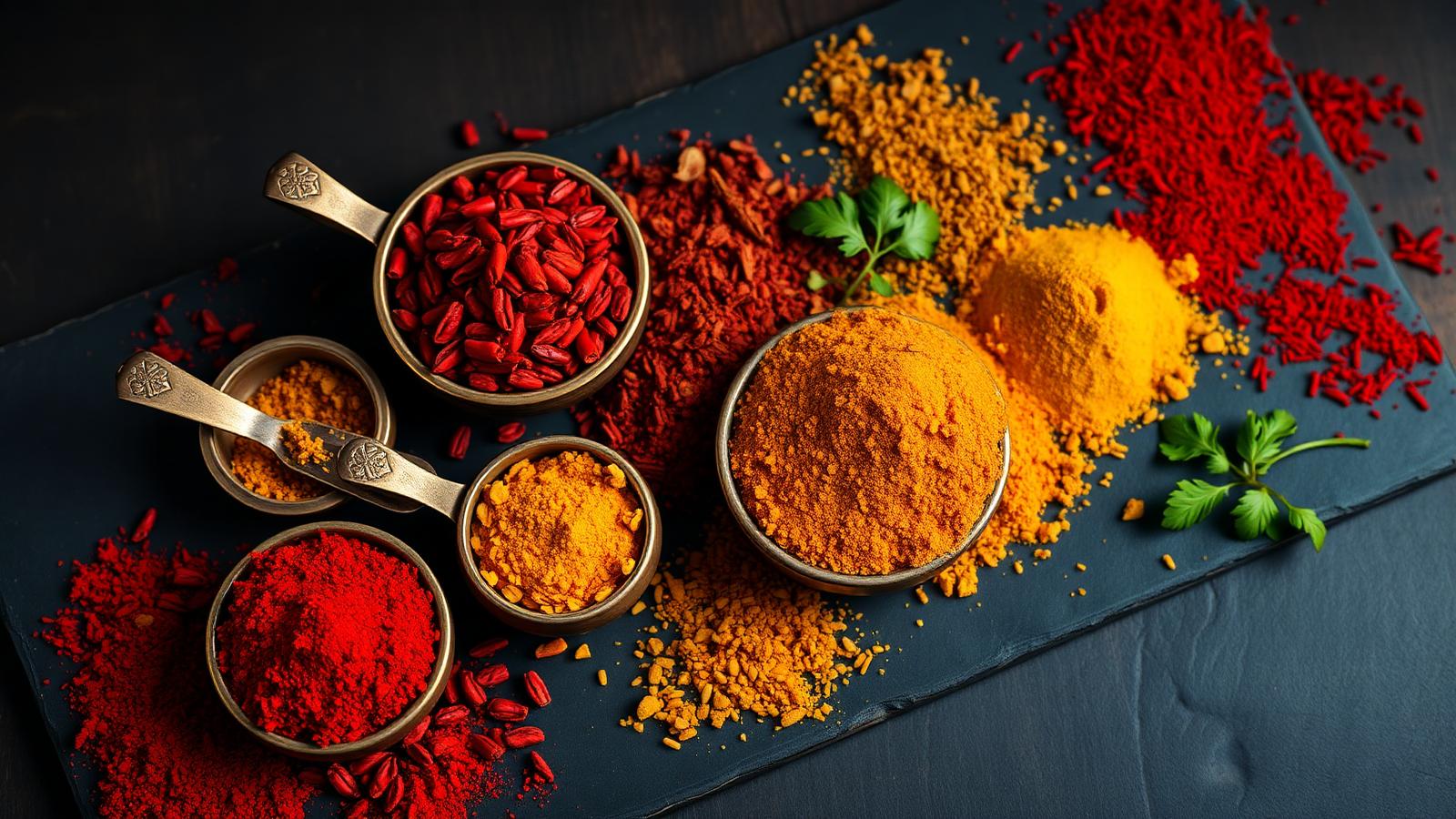 Bowls of freshly ground chilli, turmeric and coriander powder
