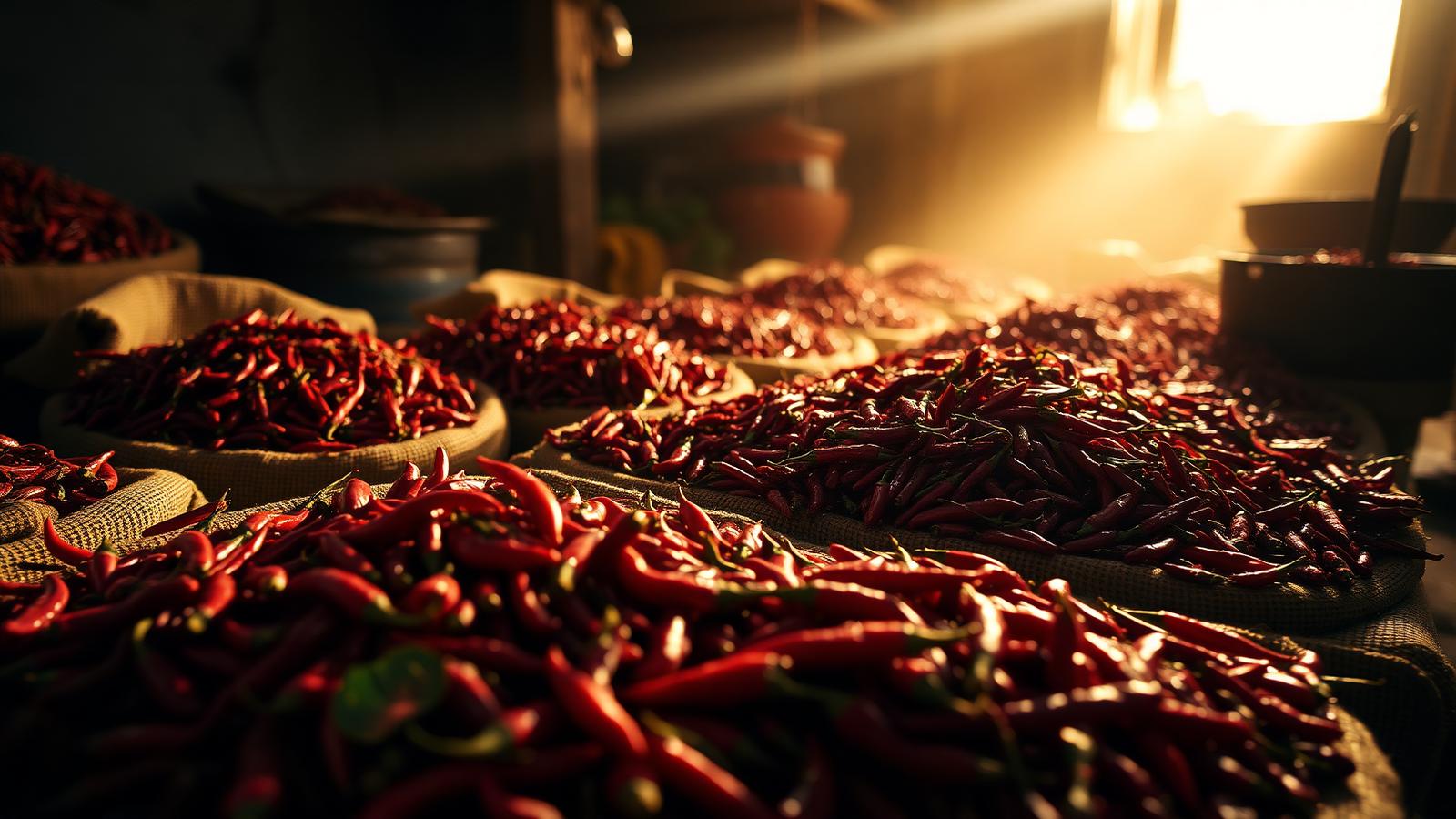 Sun-dried whole red chillies at the Bhusawal spice mill